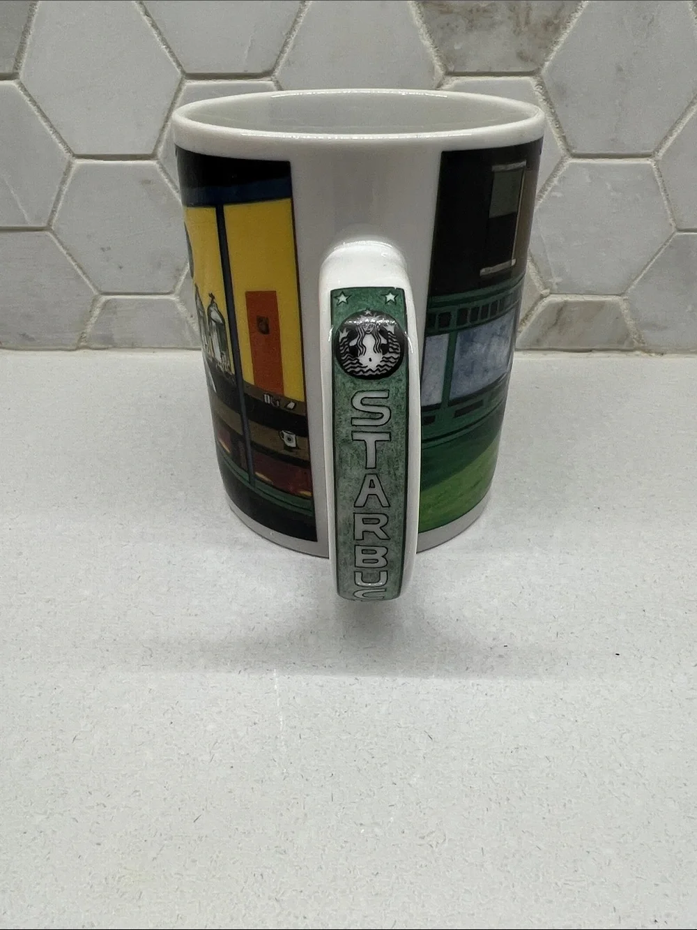 Starbucks Ceramic Mug with Green, Black & Yellow Graphic